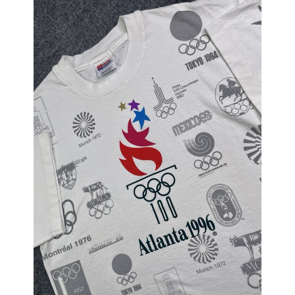 Vintage 90's Olympics Shirt Men's L White Atlanta 1996 Single Stitch AOP